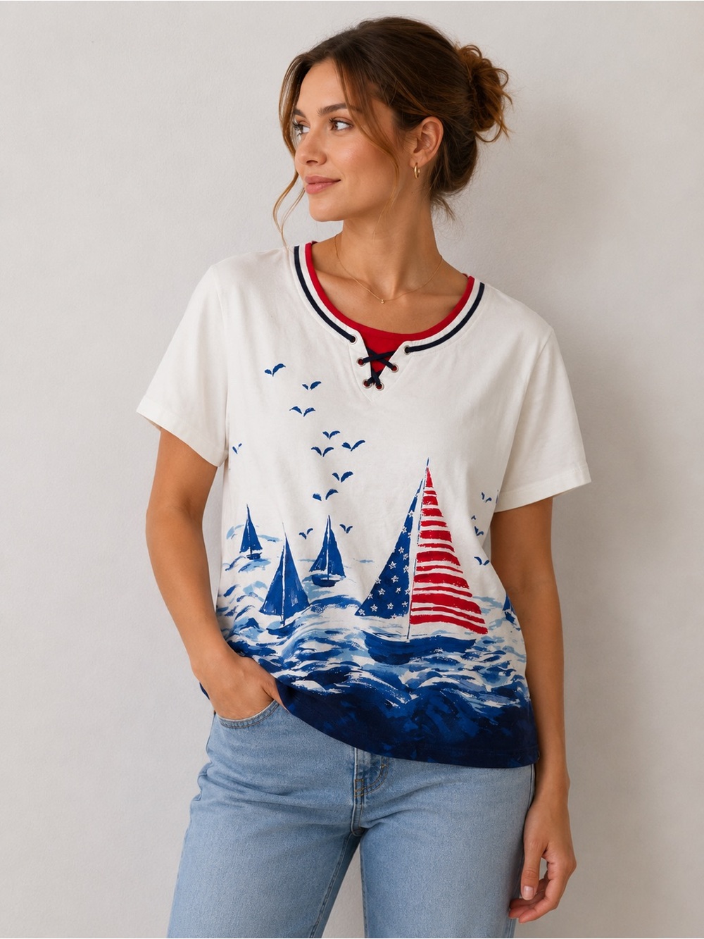 Vintage Nautical Sailboat American Flag Lace Up Graphic T-Shirt Women’s Large